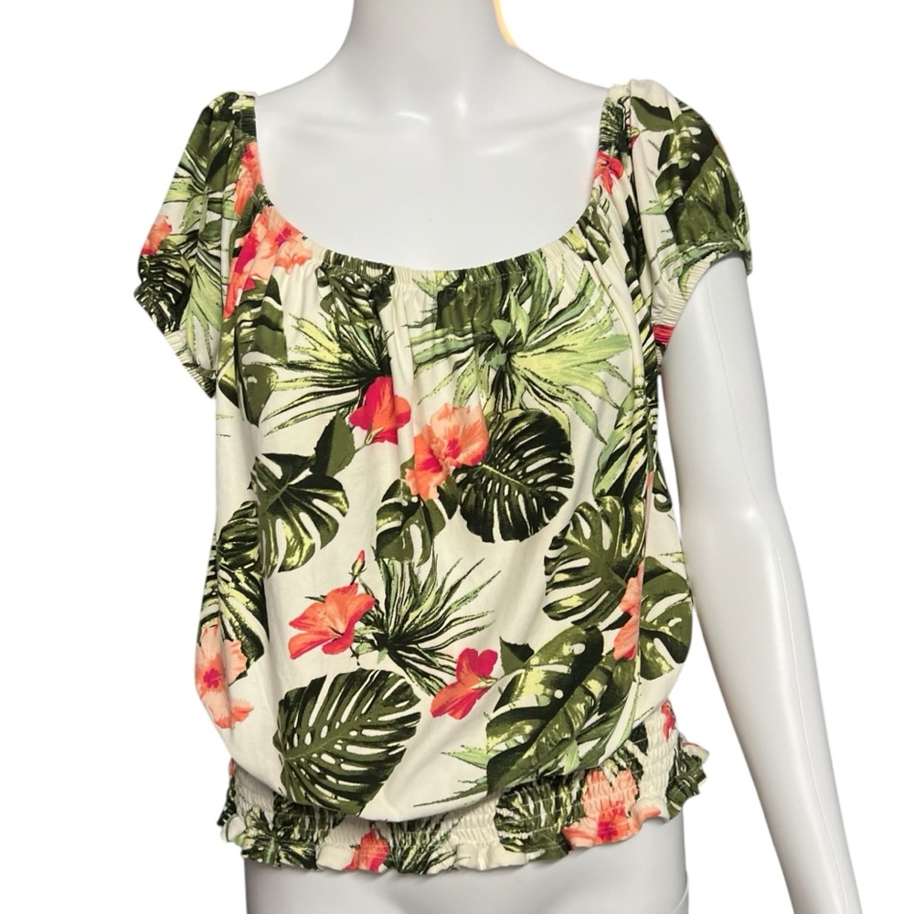 Orange Kiss - Women’s Smocked Tropical Floral Palm Top Sz XL